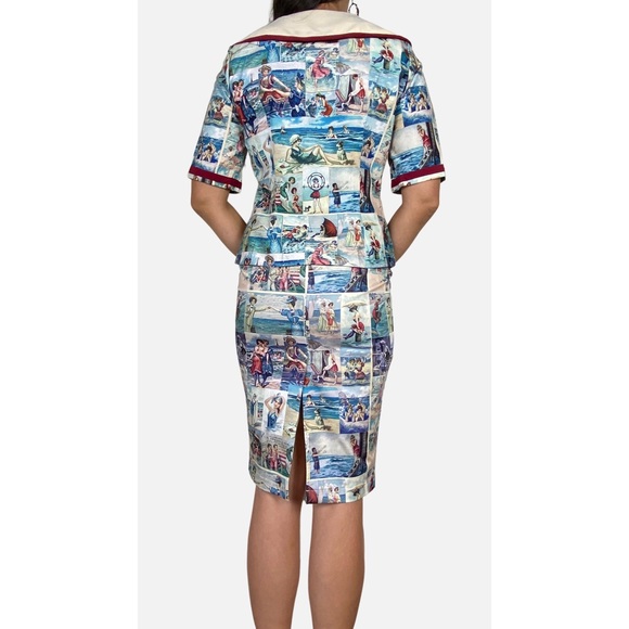 KITTEN D'AMOUR 'By The Seaside' Print Retro Wiggle Dress & Jacket Set Size 10 12 - Picture 2 of 16
